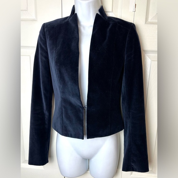 CLUB MONACO Blue Velvet Blazer Jacket Coat Navy Cropped Notch Stand Up Collar - Picture 3 of 14